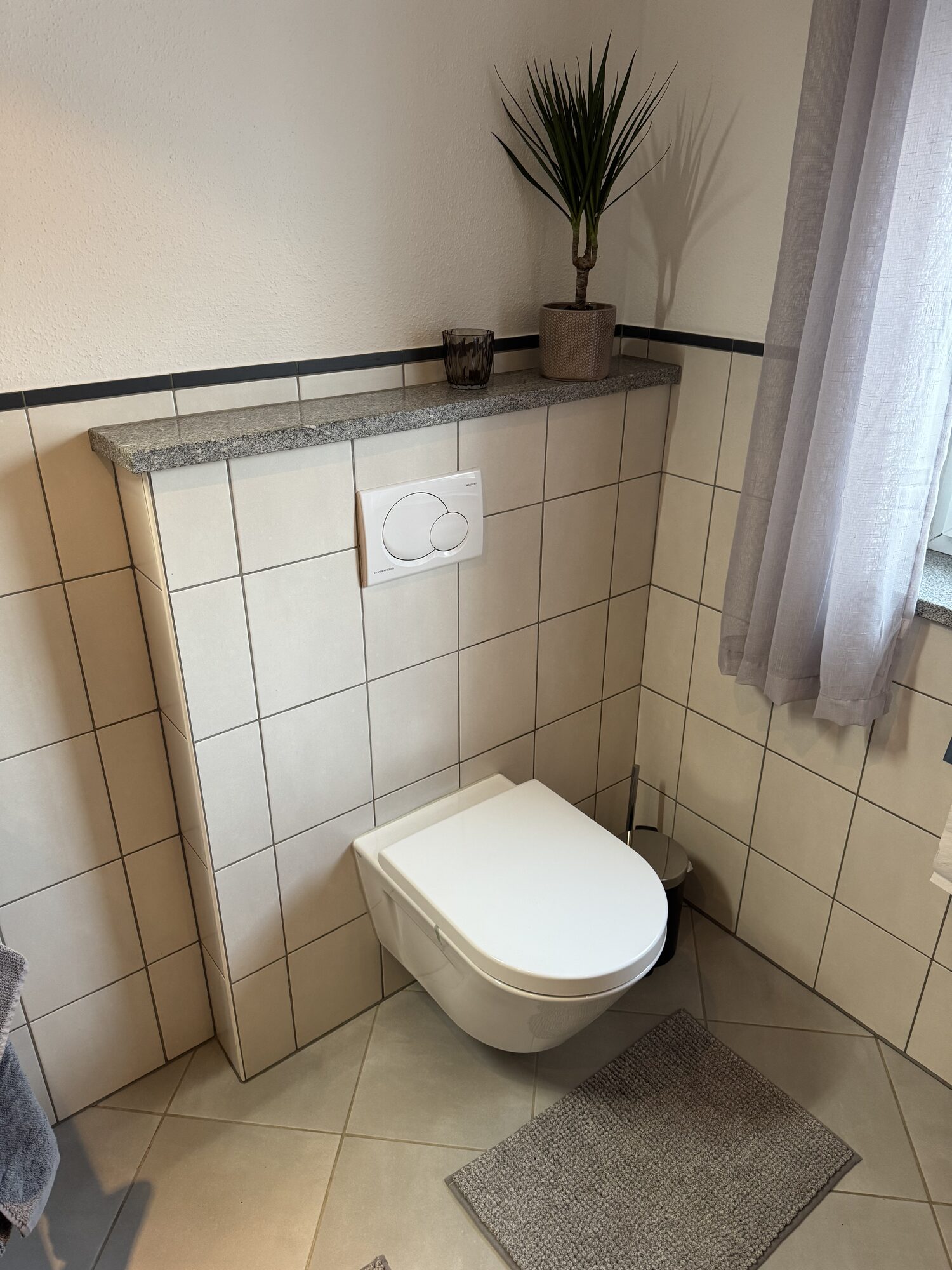 Neues Wand-WC mit Betätigungsplatte vor beigen Bestandsfliesen