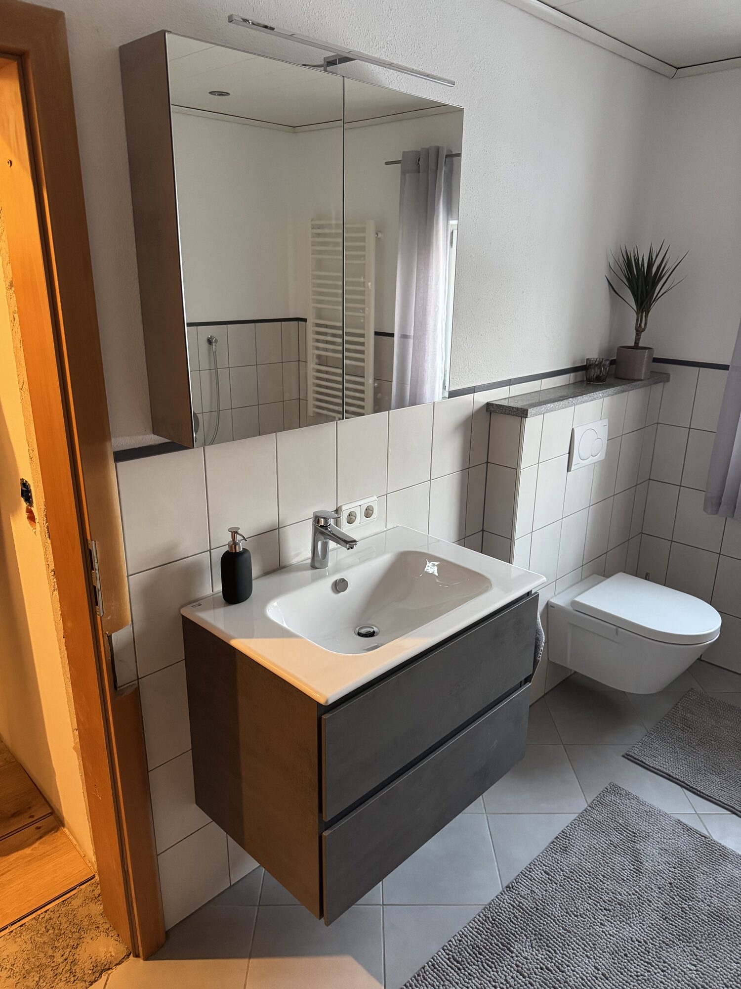 Teilmodernisiertes Bad mit neuem Waschtisch, Unterschrank in Betonoptik, Spiegelschrank und Wand-WC
